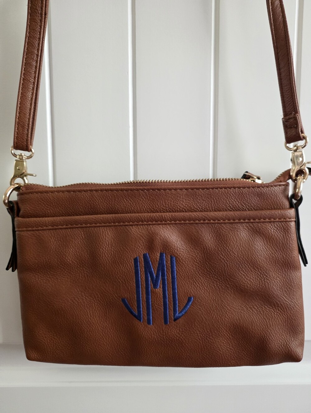 Brown Leather Crossbody Bag with Blue Monogram JLM